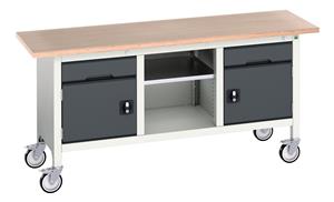 verso mobile storage bench (mpx) with 1 drw-cbd / mid shelf / 1 drw-cbd. WxDxH: 1750x600x830mm. RAL 7035/5010 or selected Verso Mobile Work Benches for assembly and production